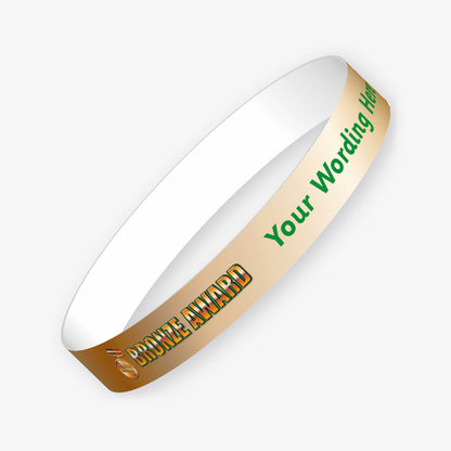 Bronze wristband with a bronze medal and the words 'BRONZE AWARD' in green keyline text.  There is placeholder text - Your Wording Here' representing customisation options.