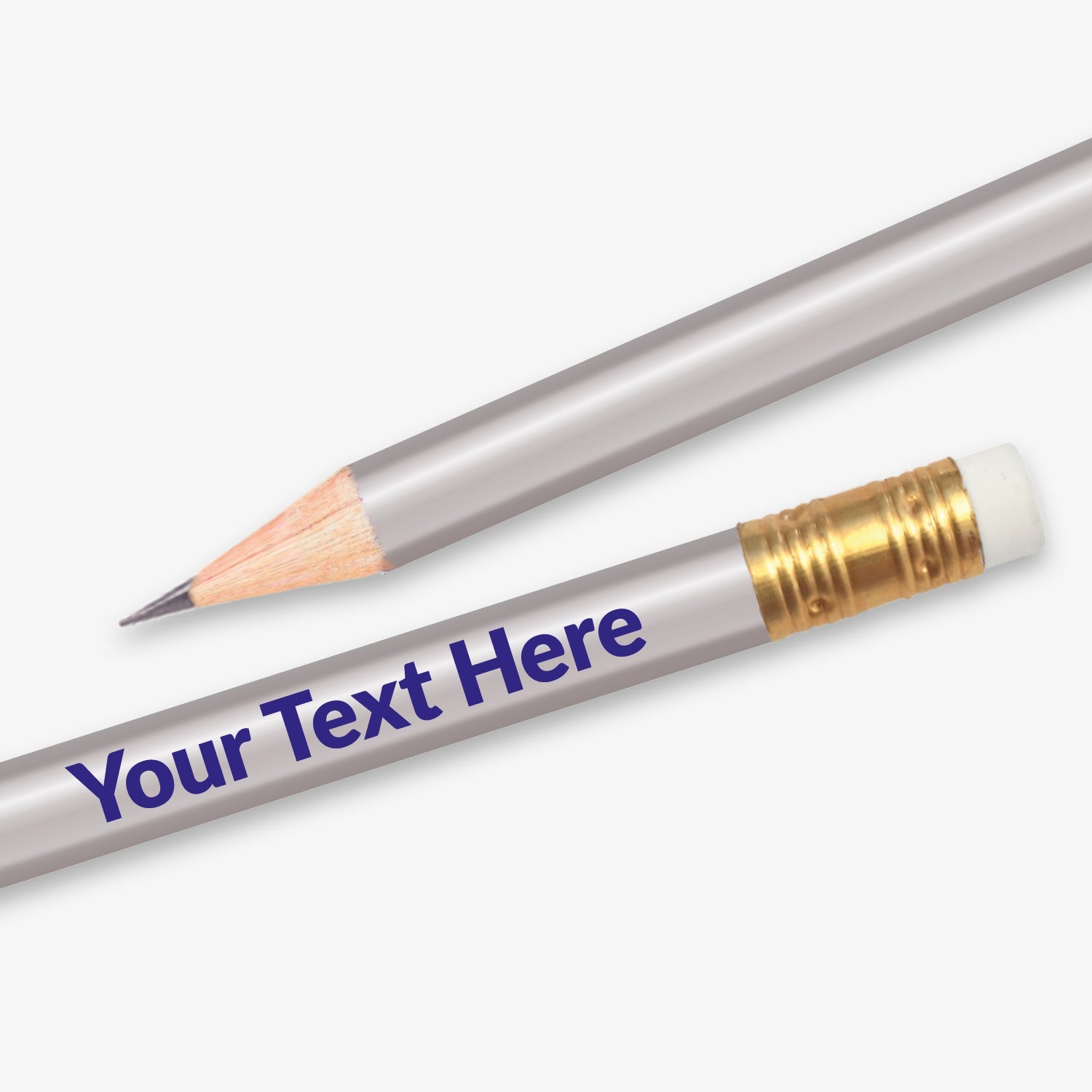 Personalised silver HB pencil with customisable text along the full barrel, complete with eraser.  Designed for classroom rewards or promotional use.