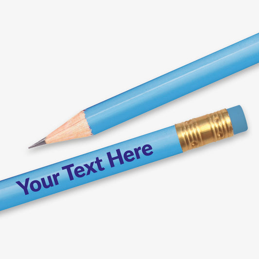 Personalised light blue HB pencil with customisable text along the full barrel, complete with eraser.  Designed for classroom rewards or promotional use.
