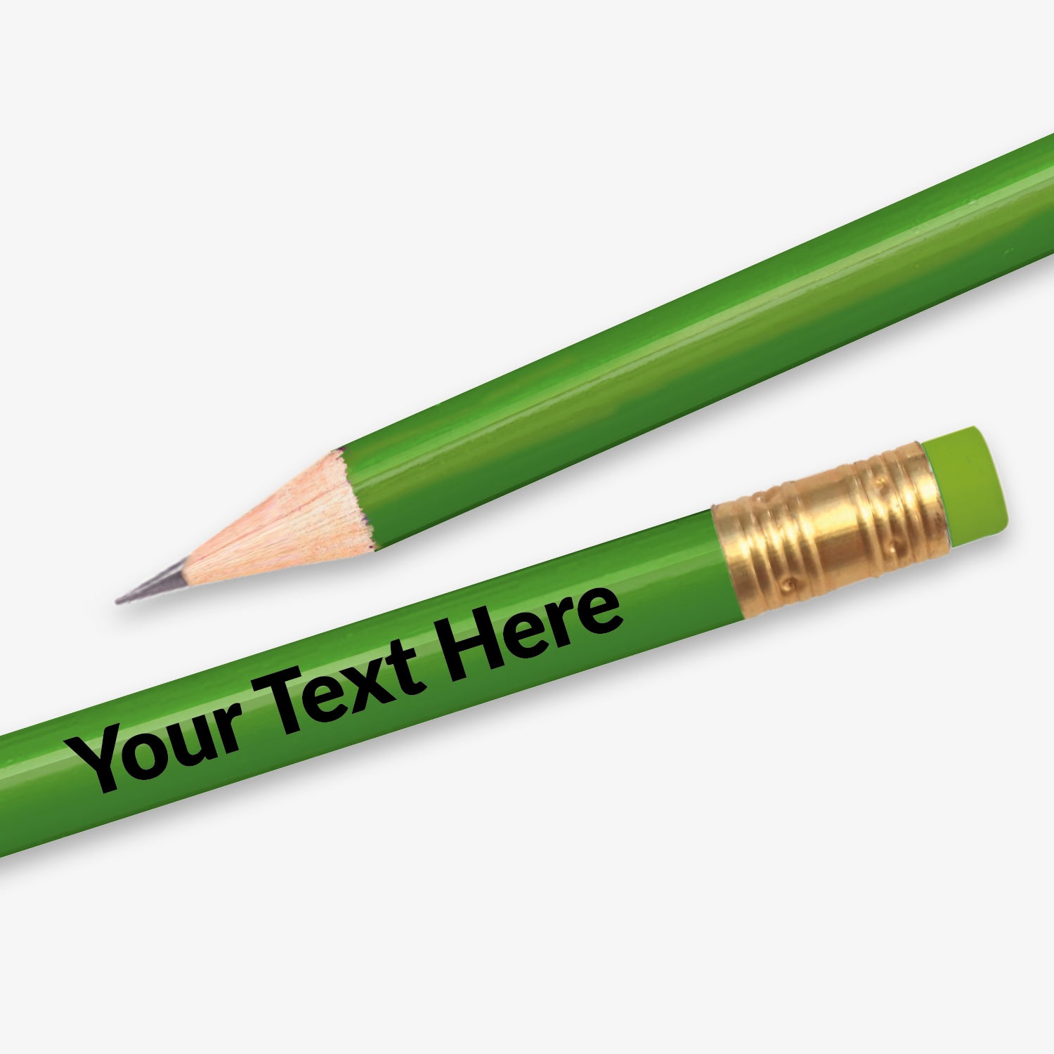 Personalised green HB pencil with customisable text along the full barrel, complete with eraser.  Designed for classroom rewards or promotional use.

