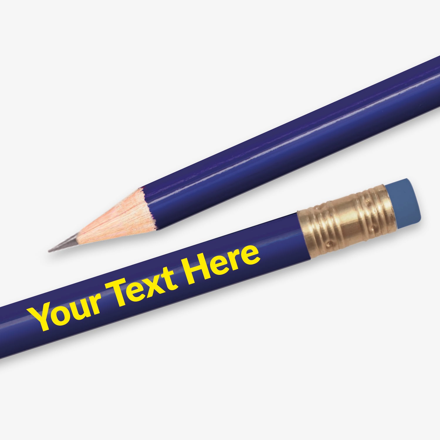 Personalised dark blue HB pencil with customisable text along the full barrel, complete with eraser.  Designed for classroom rewards or promotional use.

