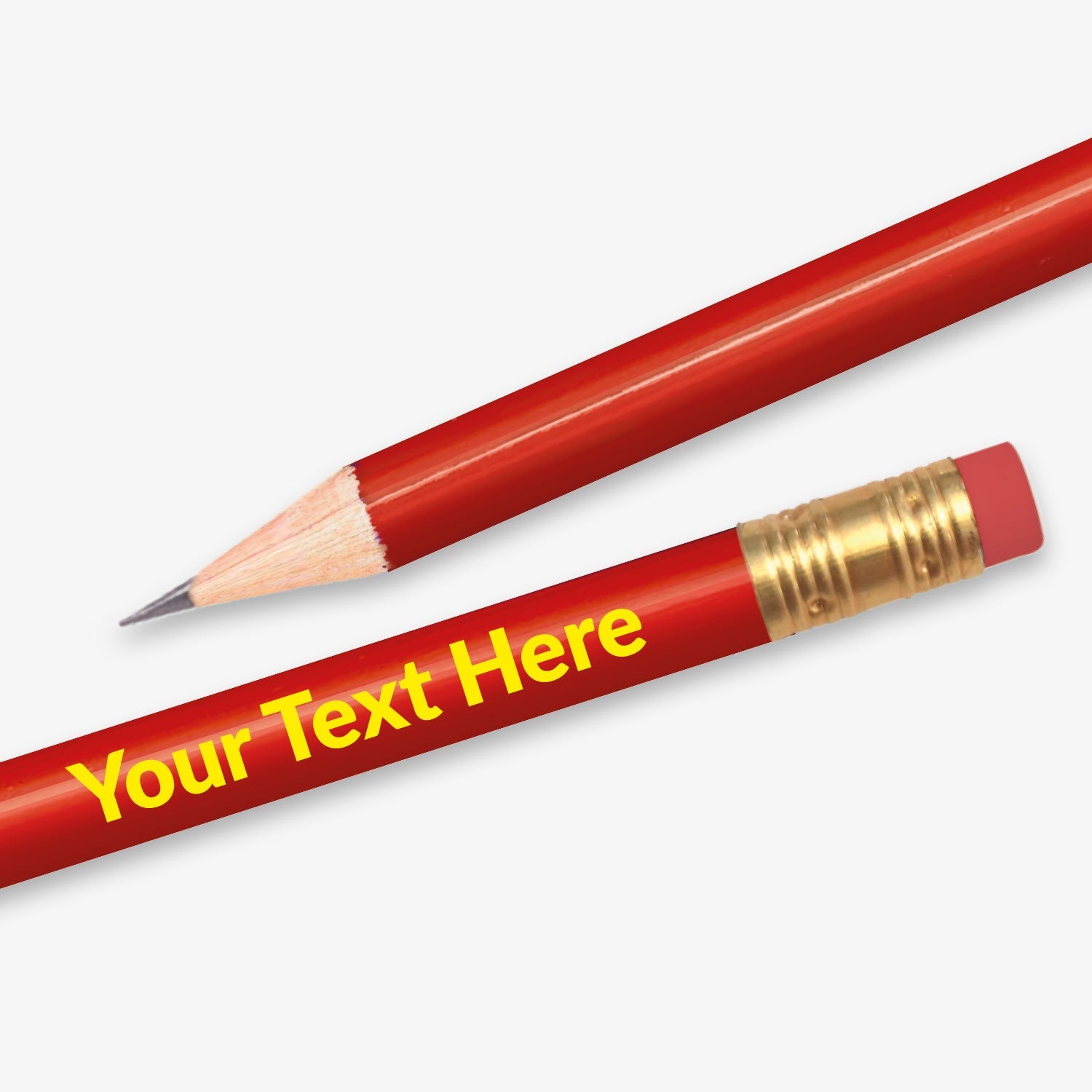Personalised red HB pencil with customisable text along the full barrel, complete with eraser.  Designed for classroom rewards or promotional use.