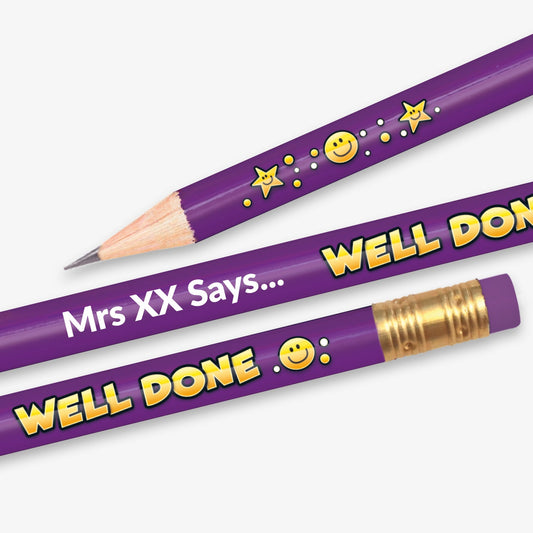 Personalised purple HB pencil with customisable text on the barrel with the phrase 'WELL DONE' closest to the eraser with stars and smiling faces.  Designed for classroom rewards or promotional use
