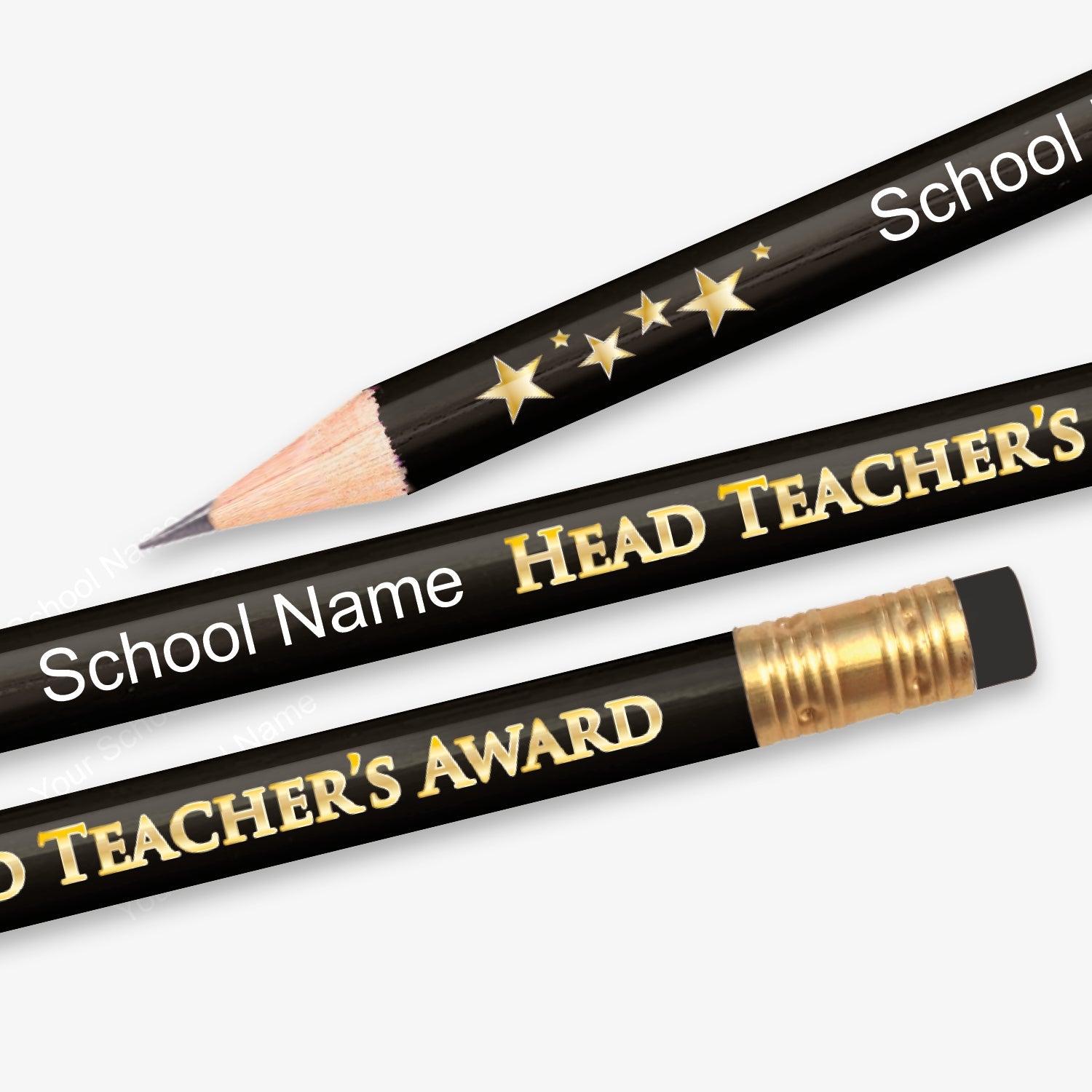 Personalised black HB pencil with customisable text on the barrel with the phrase 'HEAD TEACHER'S AWARD' closest to the eraser.  Designed for classroom rewards or promotional use.
