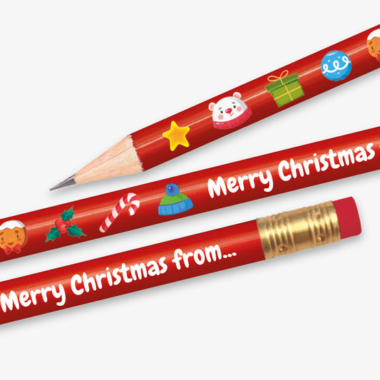 Red wooden pencil featuring festive illustrations such as candy canes, baubles, and stars, with the phrase 'Merry Christmas' printed in white script; includes space for personalised text, ideal as a seasonal gift.
