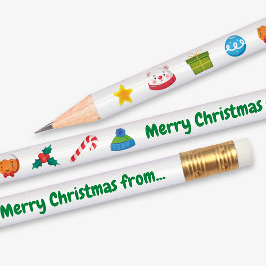 White wooden pencil featuring festive illustrations such as candy canes, baubles, and stars, with the phrase 'Merry Christmas' printed in green script; includes space for personalised text, ideal as a seasonal gift for pupils.