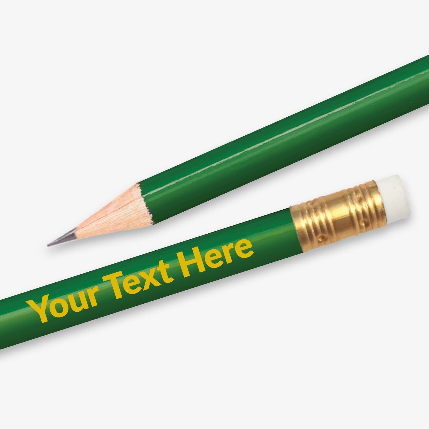 Personalised green HB pencil with customisable text along the full barrel, complete with eraser.  Designed for classroom rewards or promotional use.
