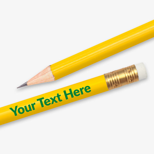 Personalised yellow HB pencil with customisable text along the full barrel, complete with eraser.  Designed for classroom rewards or promotional use.
