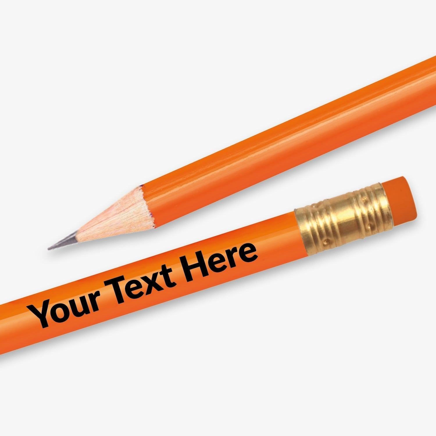 Personalised orange HB pencil with customisable text along the full barrel, complete with eraser.  Designed for classroom rewards or promotional use.