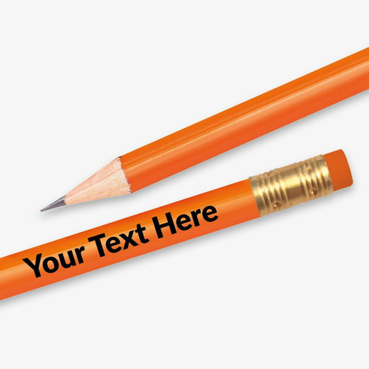 Personalised orange HB pencil with customisable text along the full barrel, complete with eraser.  Designed for classroom rewards or promotional use.