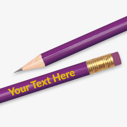 Personalised purple HB pencil with customisable text along the full barrel, complete with eraser.  Designed for classroom rewards or promotional use.

