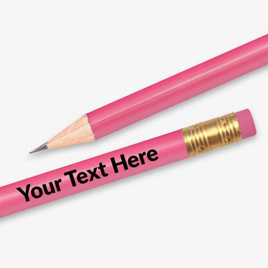 Personalised pink HB pencil with customisable text along the full barrel, complete with eraser.  Designed for classroom rewards or promotional use.

