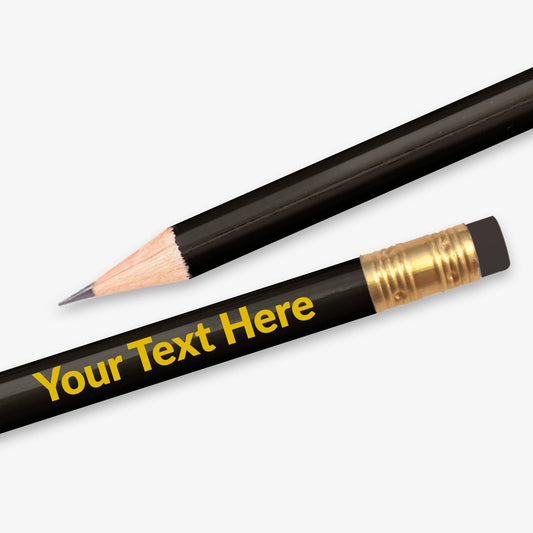 Personalised black HB pencil with customisable text along the full barrel,  complete with eraser.   Designed for classroom rewards or promotional use.
