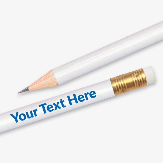 Personalised white HB pencil with customisable text along the full barrel, complete with eraser.  Designed for classroom rewards or promotional use.

