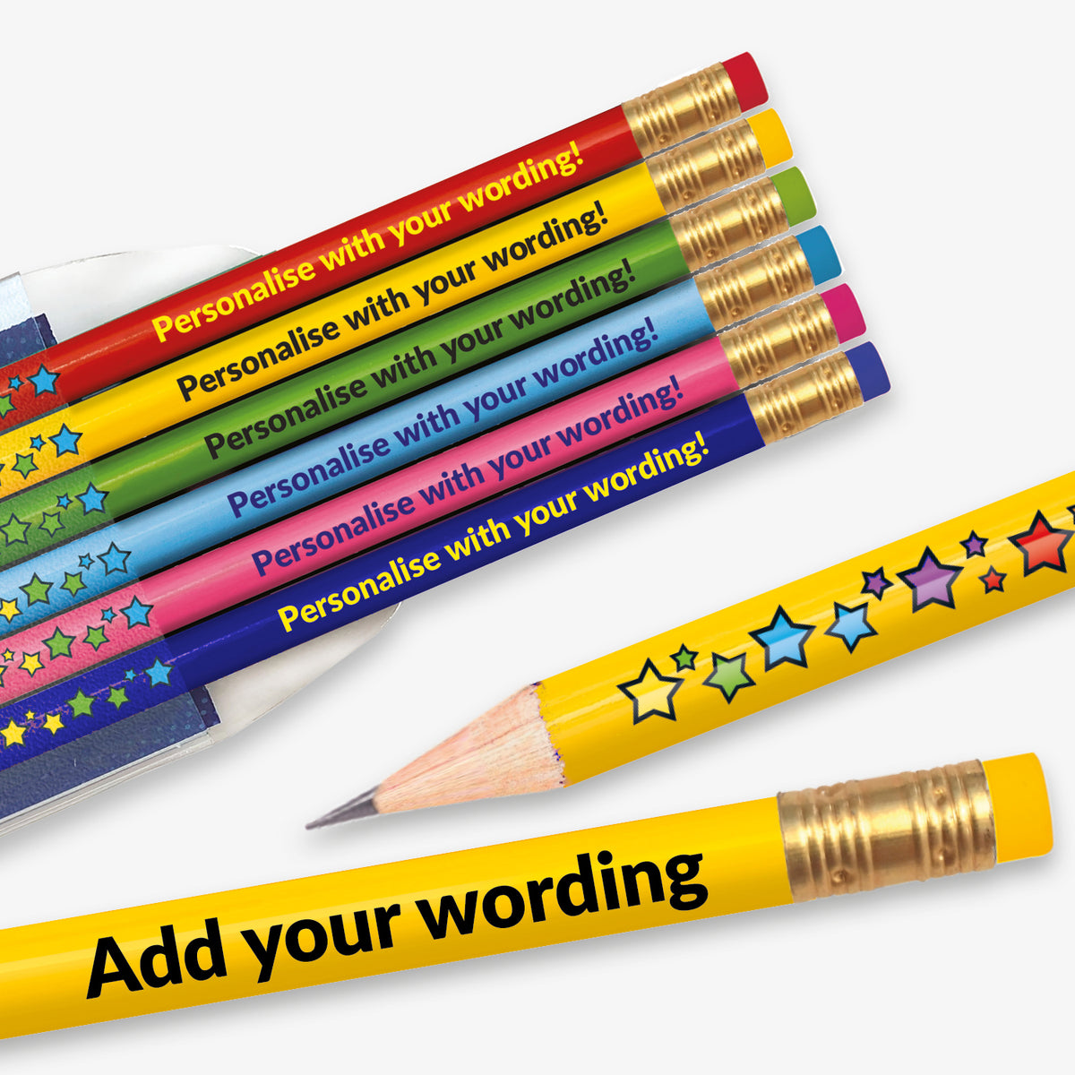 Personalised set of 6 HB pencils, each barrel a different colour - green, blue, red, blue, yellow and black.  With stars along half of the barrel there remains space to customise text on the remaining space, complete with eraser.  Designed for classroom rewards or promotional use.