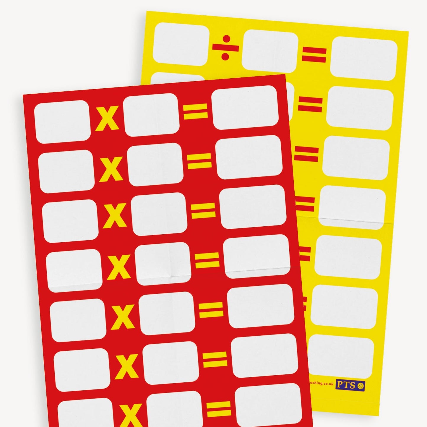 Two brightly coloured educational maths posters. A red poster focuses on multiplication and has rows with a multiplication symbol and blank boxes for students to fill in equations. A yellow poster focuses on division, similarly formatted with division symbols and empty boxes for practice problems.