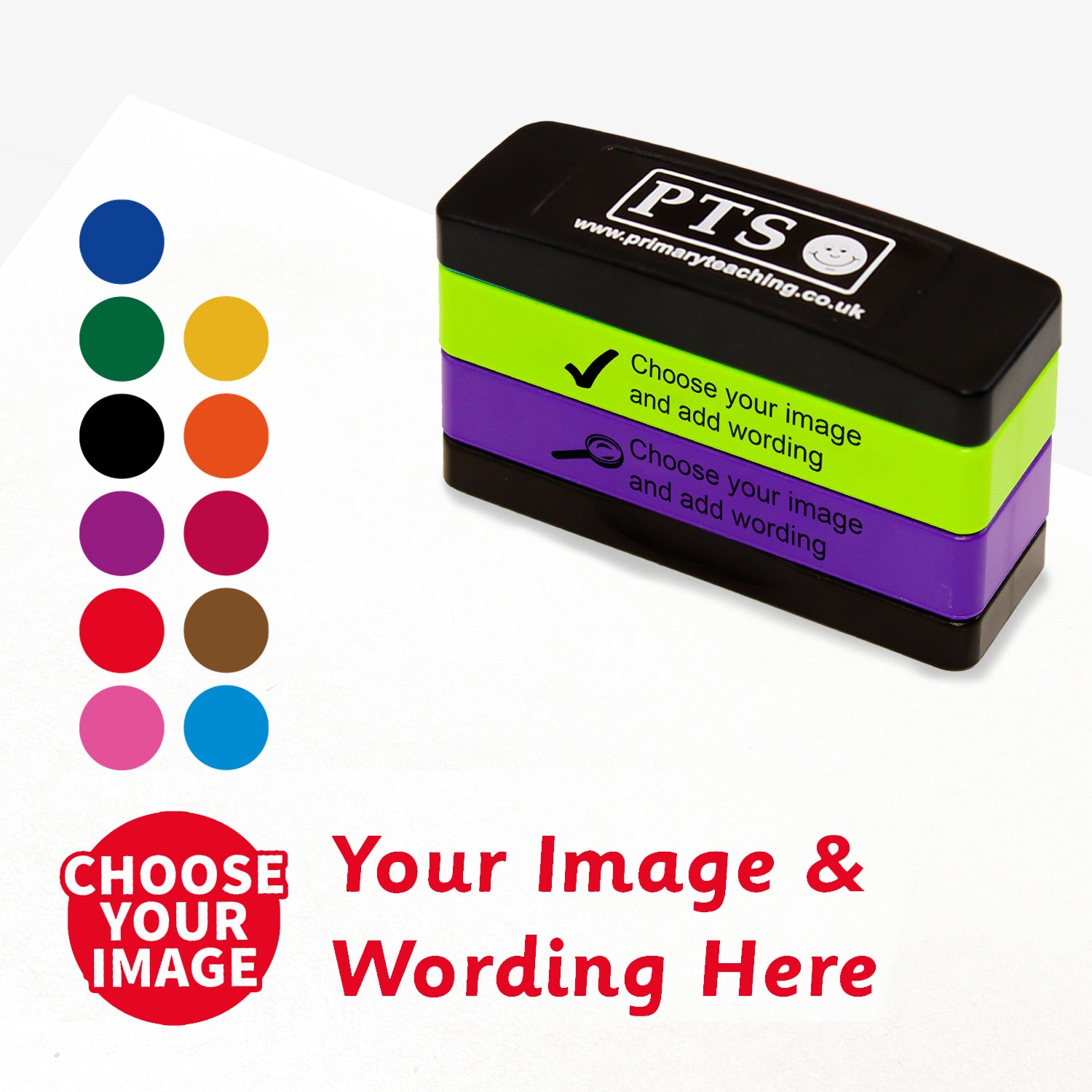2 stacked rectangular self-inking stampers measuring 44mm by 13mm, featuring the an imprint saying 'Choose your Image' and 'Your Image and Wording Here'.  This is for customisation and shows 11 colours to choose from - blue, green, black, purple, red, pink, gold, orange, burgundy, brown or sea blue
