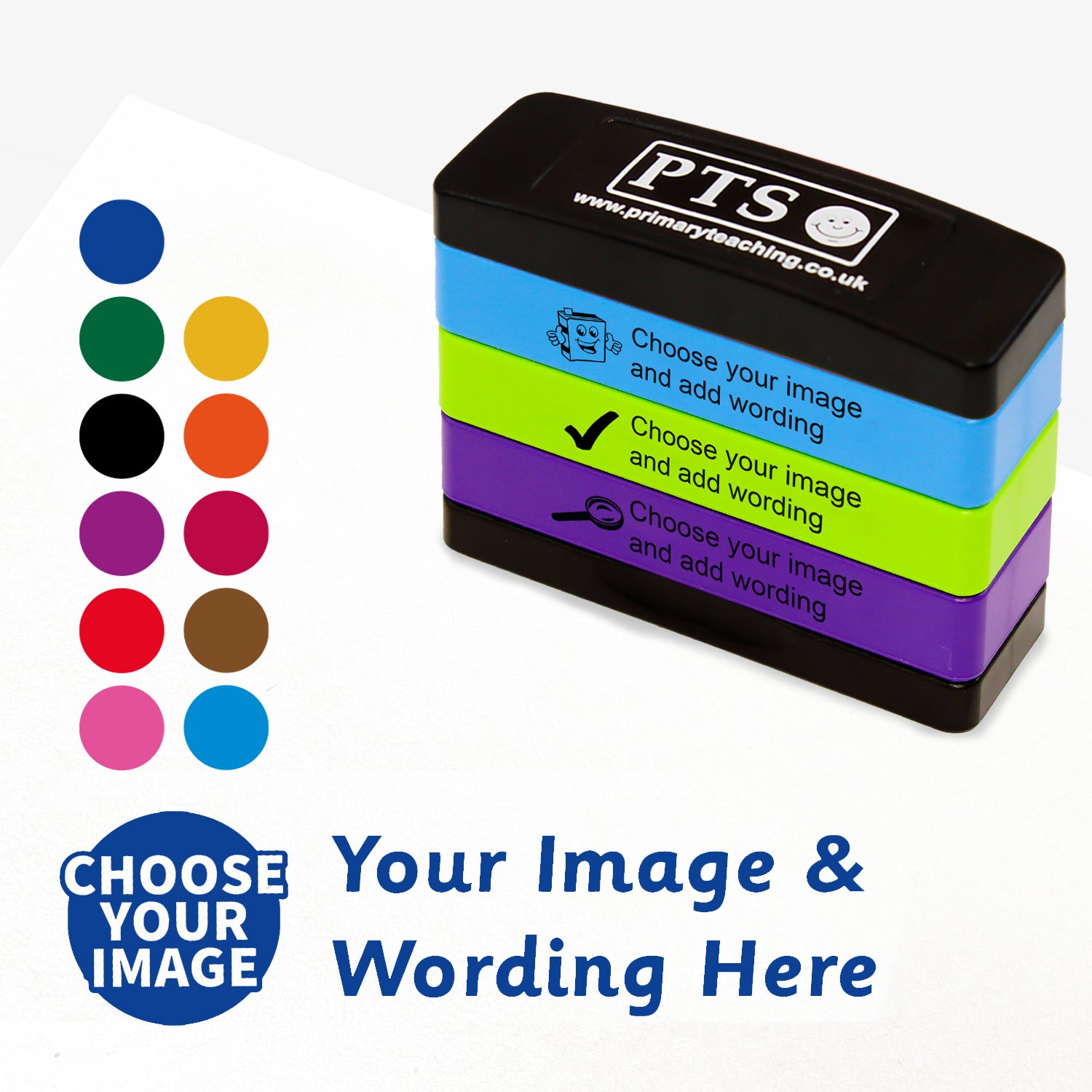 3 stacked rectangular self-inking stampers measuring 44mm by 13mm, featuring the an imprint saying 'Choose your Image' and 'Your Image and Wording Here'.  This is for customisation and shows 11 colours to choose from - blue, green, black, purple, red, pink, gold, orange, burgundy, brown or sea blue
