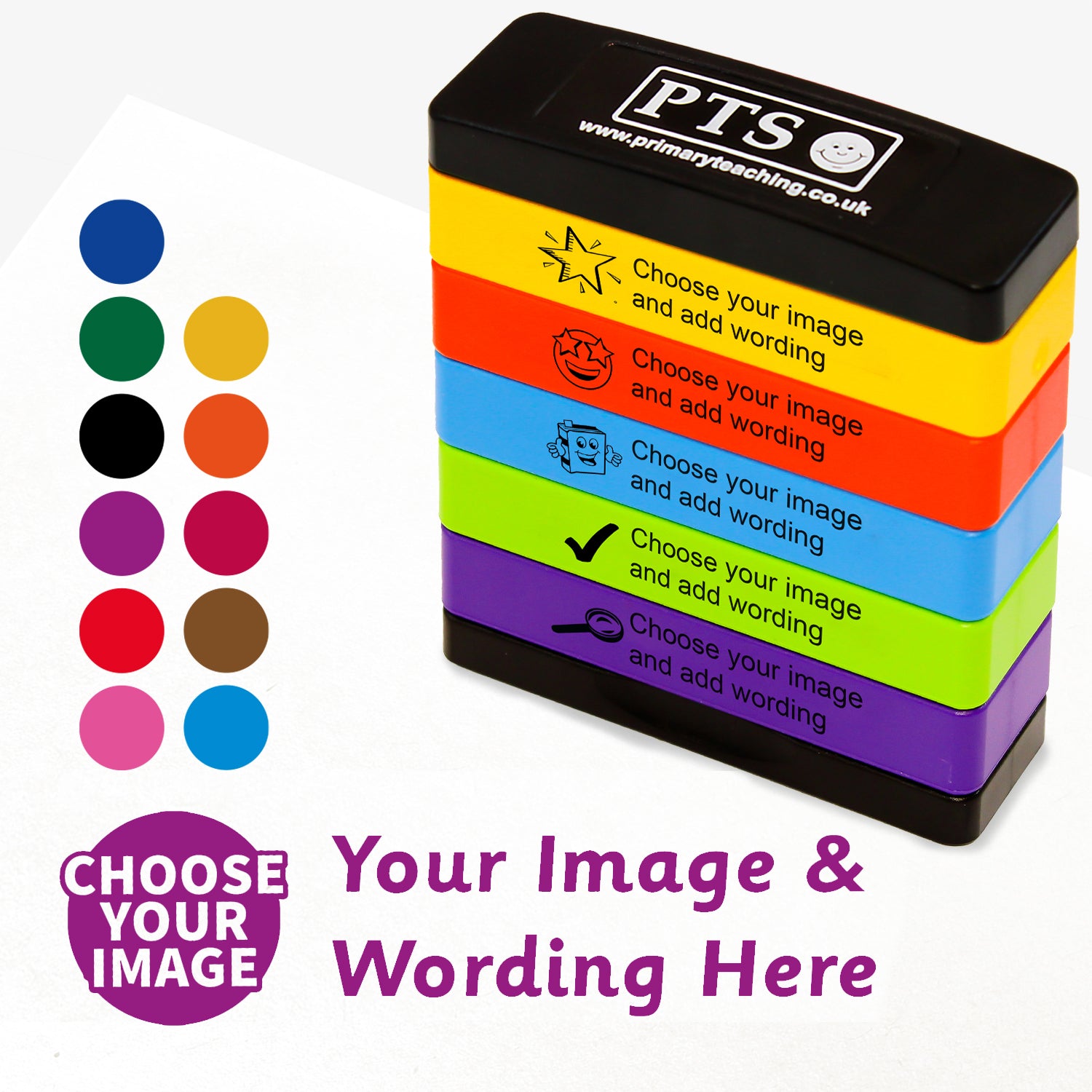 5 stacked rectangular self-inking stampers measuring 44mm by 13mm, featuring the an imprint saying 'Choose your Image' and 'Your Image and Wording Here'.  This is for customisation and shows 11 colours to choose from - blue, green, black, purple, red, pink, gold, orange, burgundy, brown or sea blue

