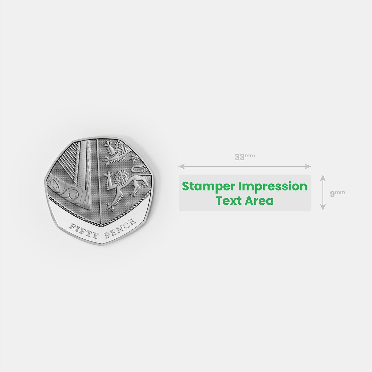 Stamper impression size compared to 50p coin.