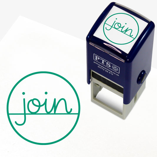 Join Handwriting Stamper – 25mm pre-inked teacher stamp displaying the word 'join' in cursive script within a green circle, designed to encourage pupils to connect letters in their handwriting.
