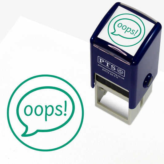 Oops Stamper – 25mm pre-inked teacher stamp featuring a green speech bubble saying 'oops!' within a circle.
