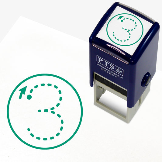 Number Formation Stamper – 25mm green pre-inked teacher stamp displaying the number 3 as dots with an arrow showing the formation, designed to encourage pupils to write the number correctly.
