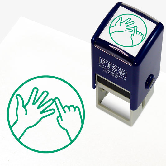 Counting Carefully Stamper – 25mm green pre-inked teacher stamp featuring an illustration of a hand with fingers extended and a pointing finger, designed to remind pupils to count carefully in maths work.
