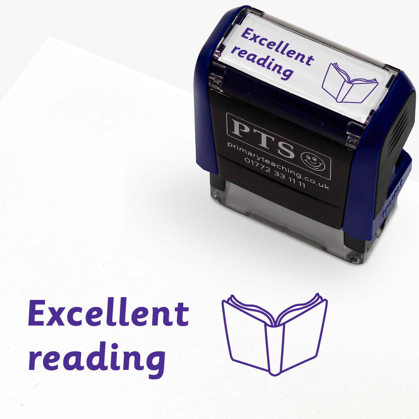 A rectangular purple pre-inked teacher stamper measuring 38mm x 15mm, featuring the phrase 'Excellent reading' and an open book icon
