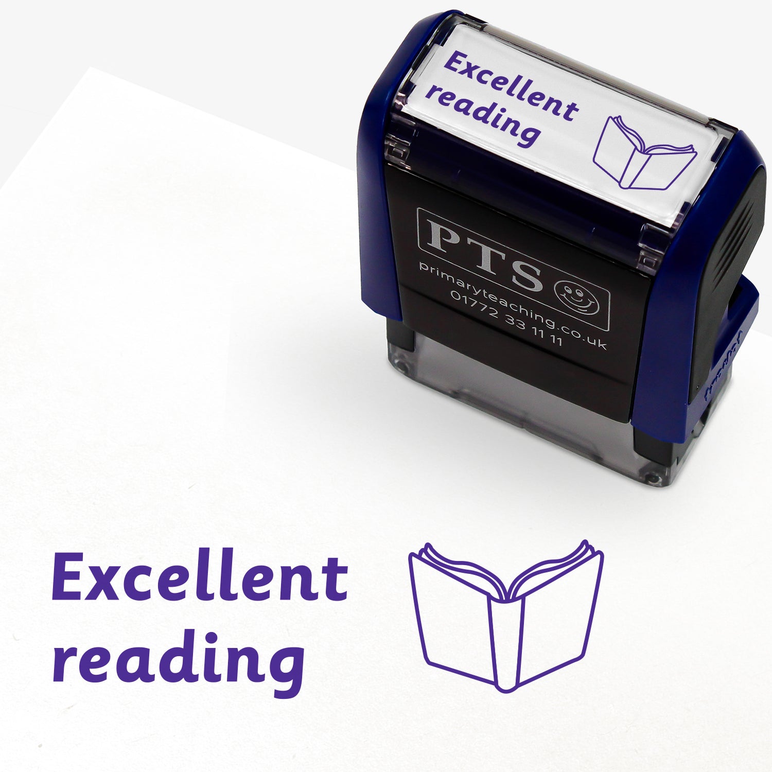 A rectangular purple pre-inked teacher stamper measuring 38mm x 15mm, featuring the phrase 'Excellent reading' and an open book icon
