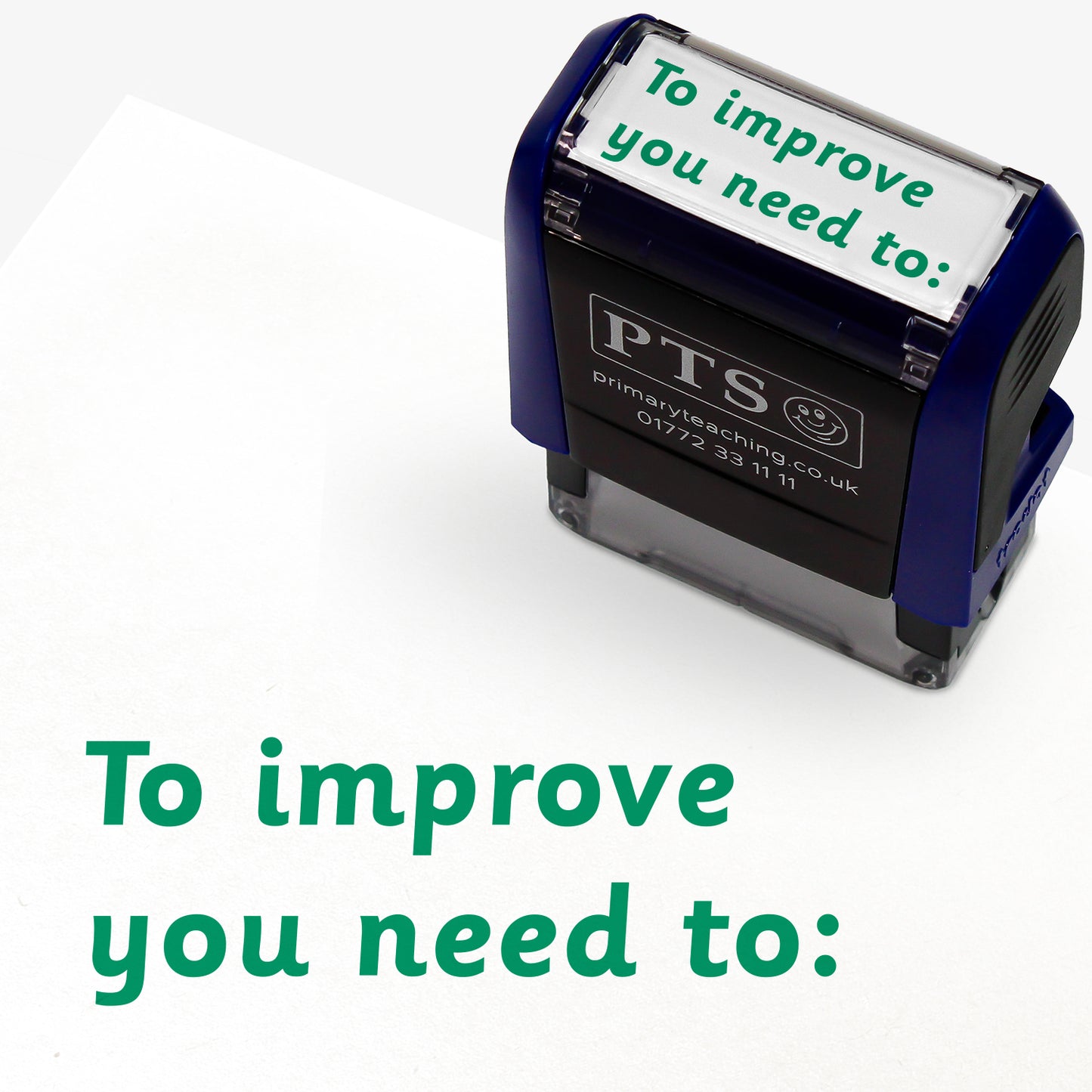 Rectangular self-inking stamper measuring 38mm by 15mm, featuring the phrase 'To improve you need to:' in green text; designed for marking pupils' work to provide constructive feedback and suggest areas for improvement.