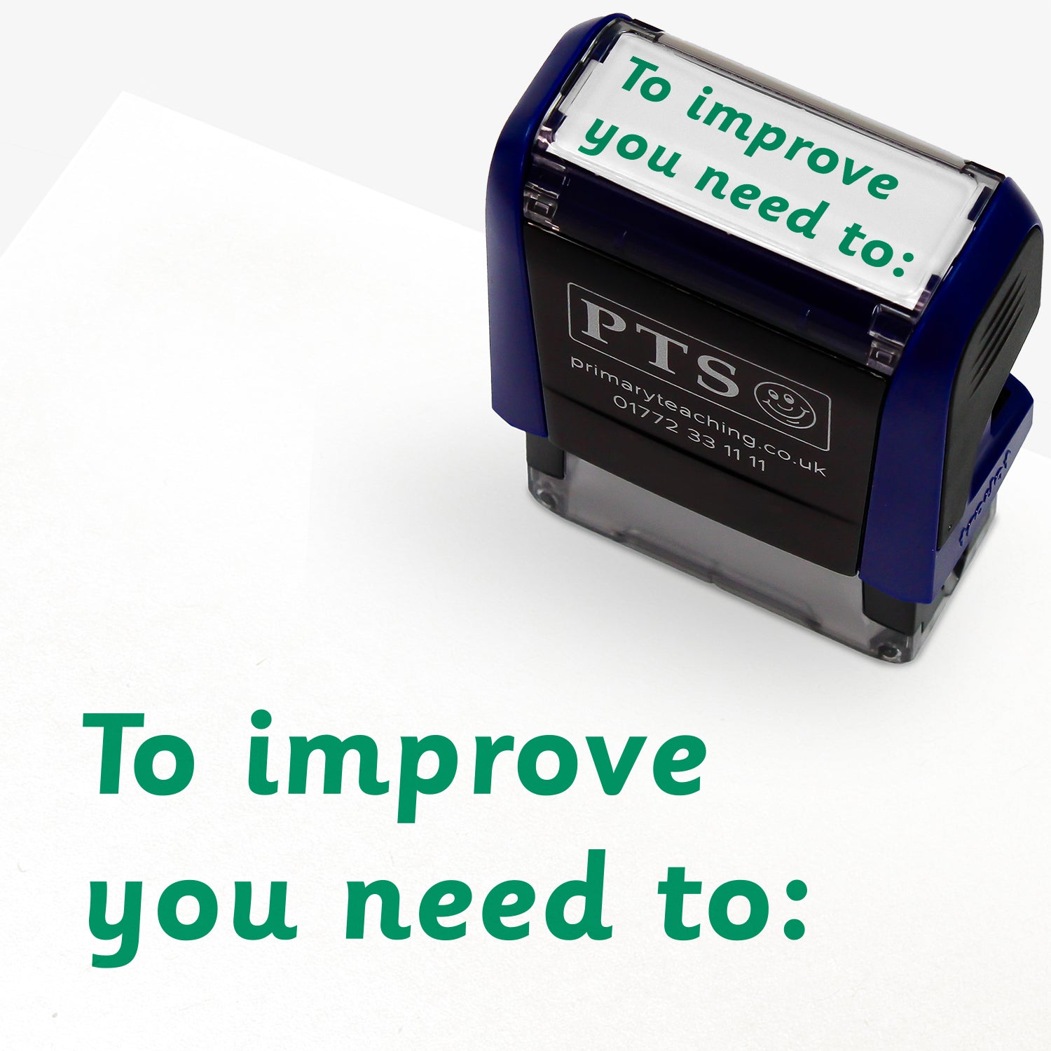 Rectangular self-inking stamper measuring 38mm by 15mm, featuring the phrase 'To improve you need to:' in green text; designed for marking pupils' work to provide constructive feedback and suggest areas for improvement.
