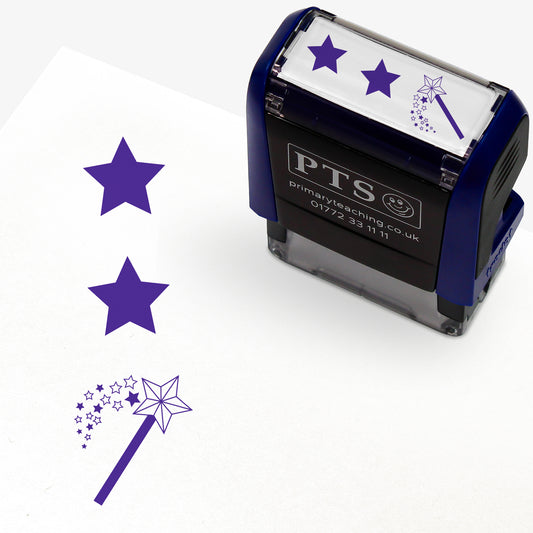 A rectangular pre-inked teacher stamper measuring 38mm x 15mm, featuring a purple vertical impression: a star at the top, a star in the middle and a wand with a shower of stars underneath.
