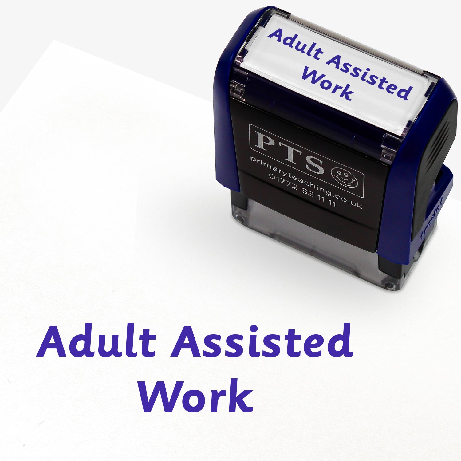 Rectangular self-inking stamper with purple ink measuring 38mm by 15mm, featuring the phrase 'Adult Assisted Work'