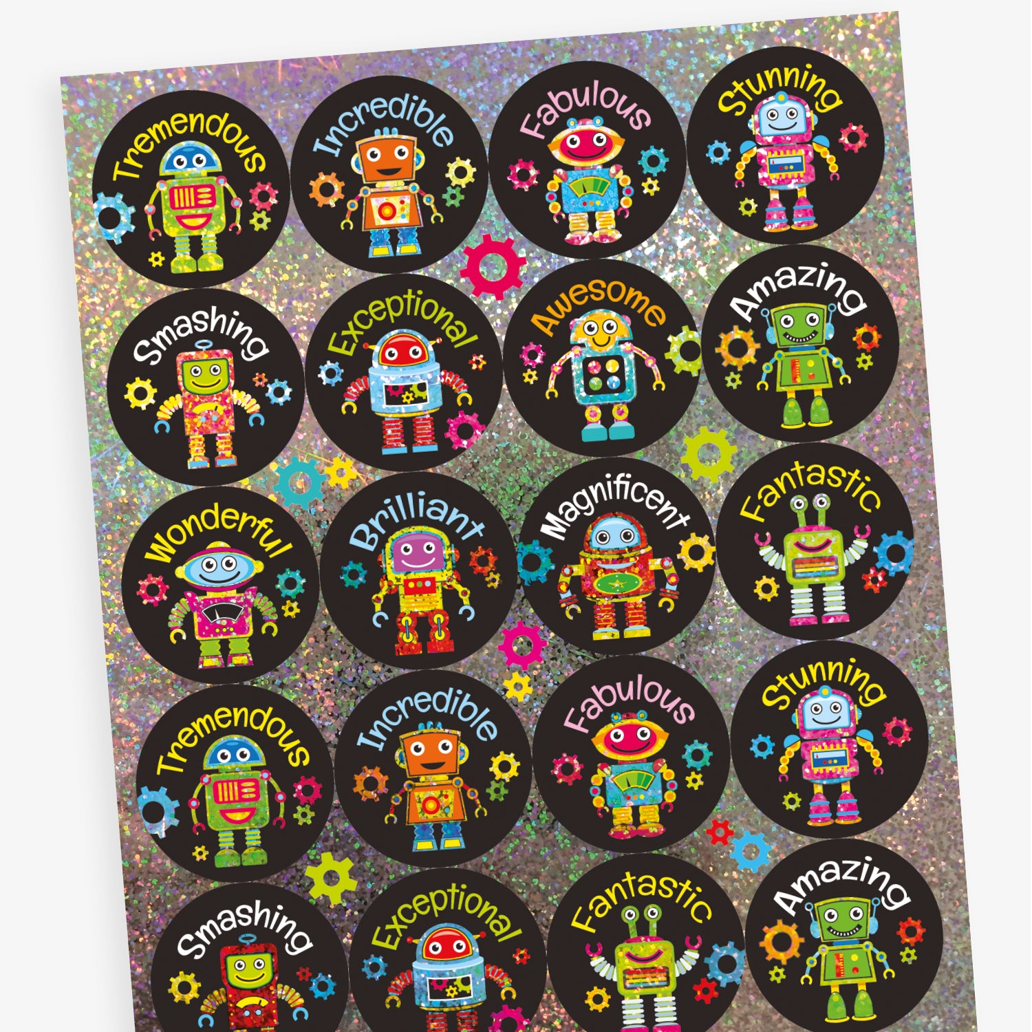 Holographic Robot Stickers | 32mm | Choose Your Pack Size