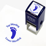 A 25mm round pre-inked teacher stamper with blue ink, featuring a solid footprint, curving above the image is space for personalisation 'Top Wording' and curving below the image is space for personalisation 'Lower Wording' in a clear, bold font.