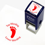 A 25mm round pre-inked teacher stamper with red ink, featuring a solid footprint, curving above the image is space for personalisation 'Top Wording' and curving below the image is space for personalisation 'Lower Wording' in a clear, bold font.