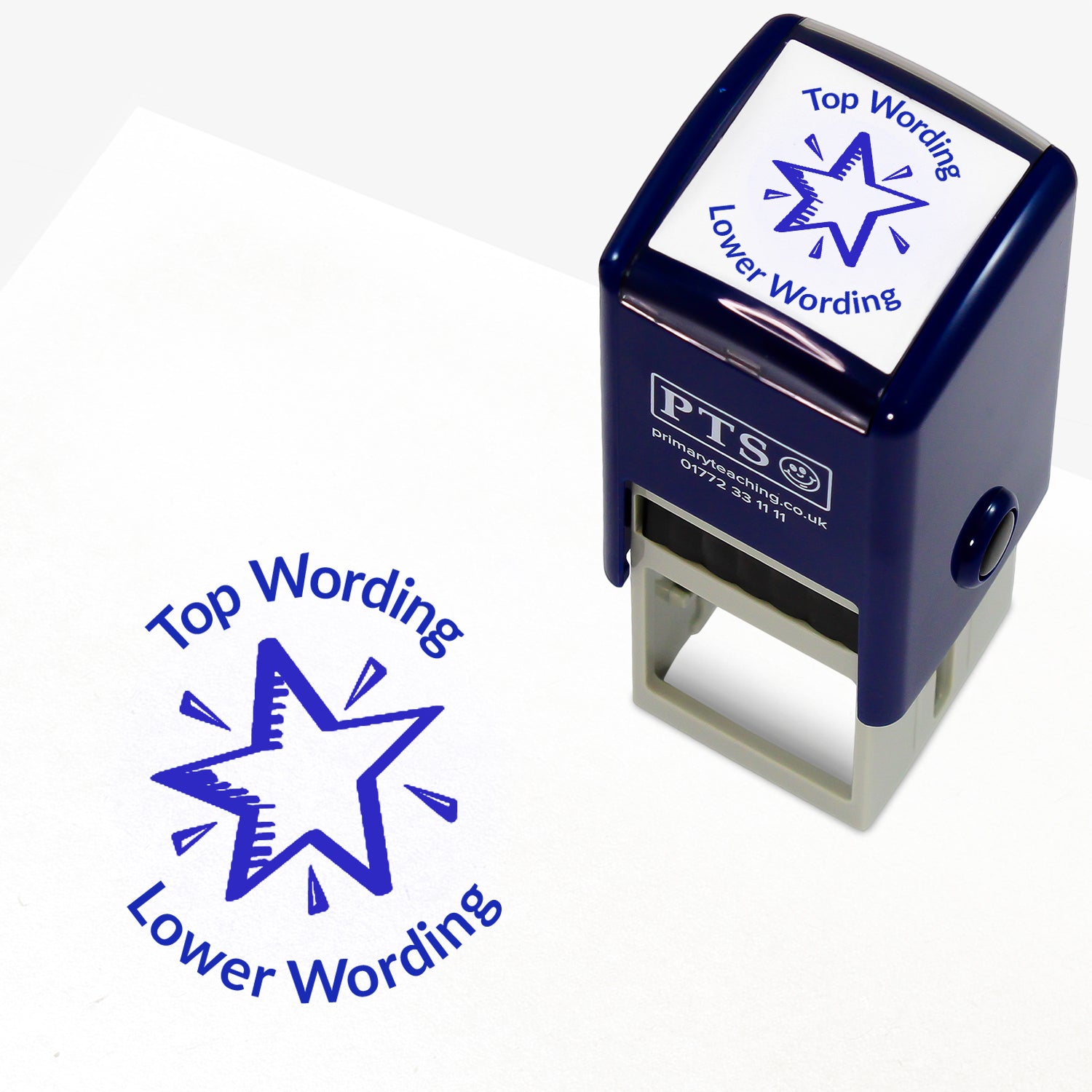 A 25mm round pre-inked teacher stamper with blue ink, featuring a  shining star, curving above the image is space for personalisation 'Top Wording' and curving below the image is space for personalisation 'Lower Wording' in a clear, bold font.