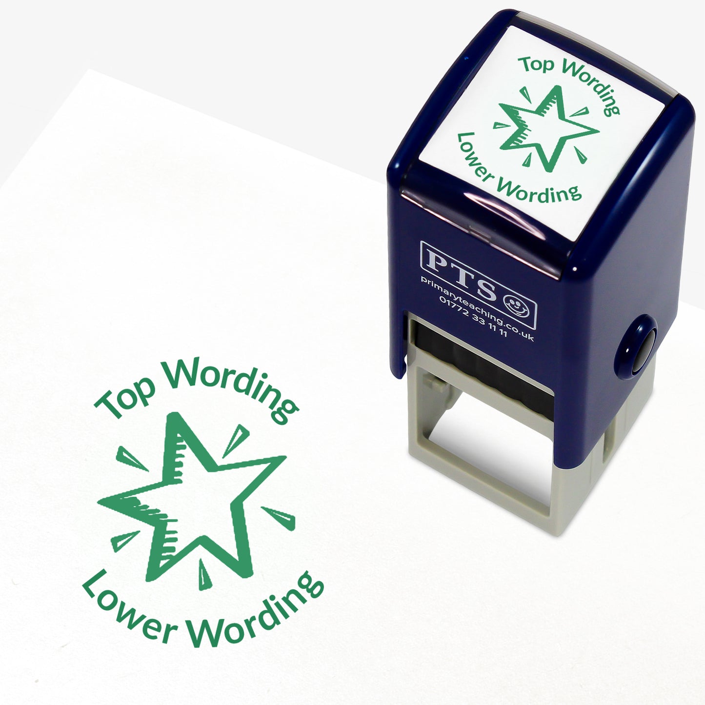 A 25mm round pre-inked teacher stamper with green ink, featuring a  shining star, curving above the image is space for personalisation 'Top Wording' and curving below the image is space for personalisation 'Lower Wording' in a clear, bold font.