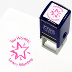 A 25mm round pre-inked teacher stamper with pink ink, featuring a  shining star, curving above the image is space for personalisation 'Top Wording' and curving below the image is space for personalisation 'Lower Wording' in a clear, bold font.