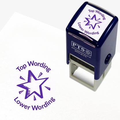 A 25mm round pre-inked teacher stamper with purple ink, featuring a  shining star, curving above the image is space for personalisation 'Top Wording' and curving below the image is space for personalisation 'Lower Wording' in a clear, bold font.