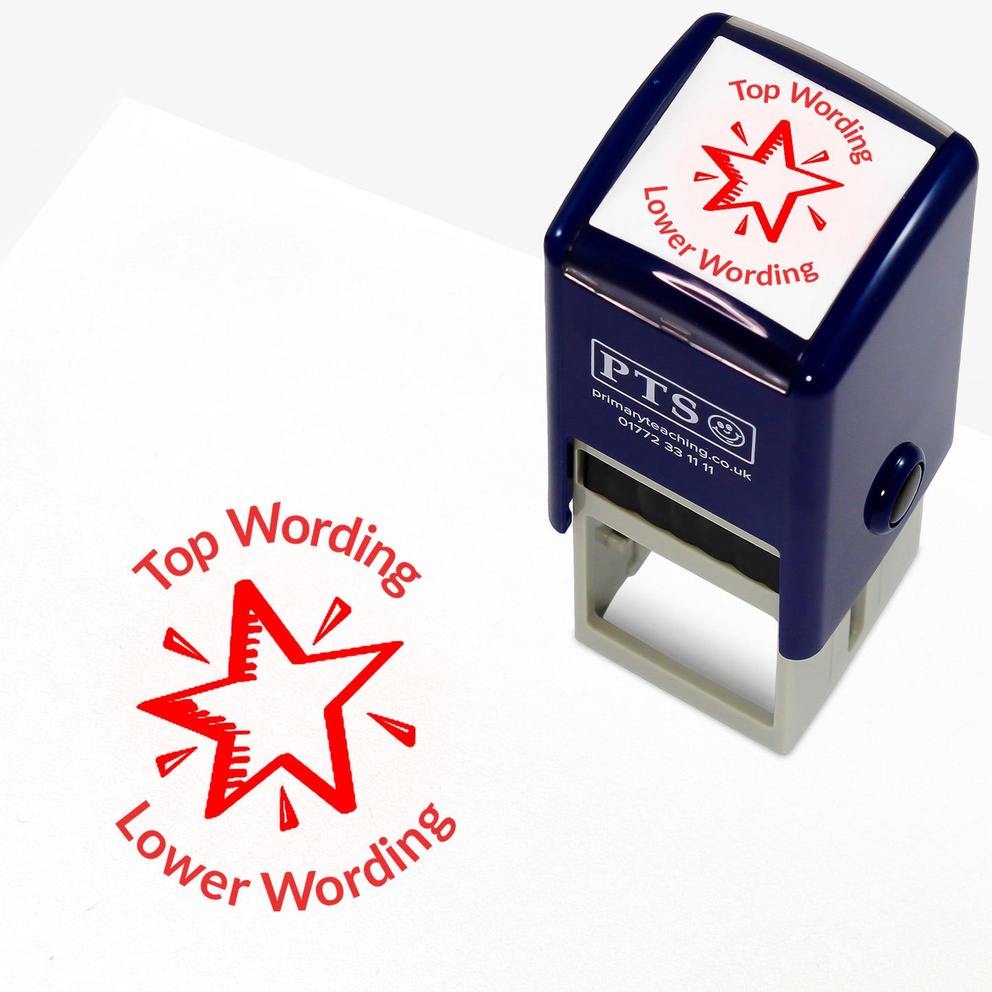 A 25mm round pre-inked teacher stamper with red ink, featuring a  shining star, curving above the image is space for personalisation 'Top Wording' and curving below the image is space for personalisation 'Lower Wording' in a clear, bold font.