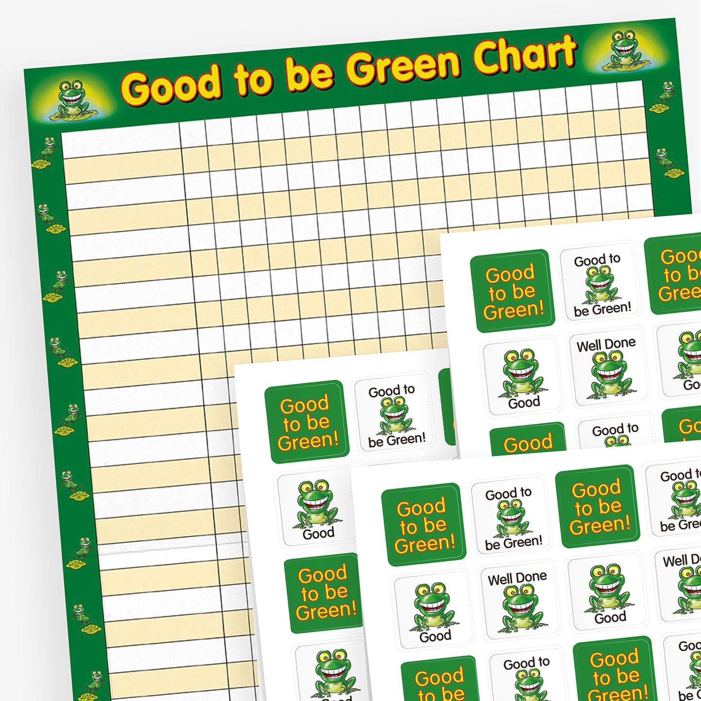 Square stickers alternating a green background with the text 'Good to be Green!' in yellow lettering, and a white background with a cheerful green frog illustration with wide eyes and a big smile, sitting on a lily pad and phrases such as 'Well Done' and 'Good' above or below the frog.