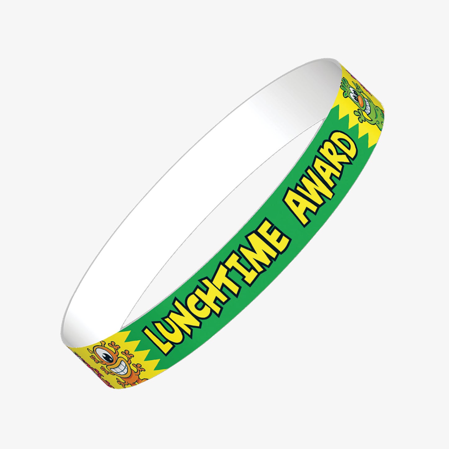 A set of ten green wristbands featuring the phrase 'LUNCHTIME AWARD' in bold yellow text, accompanied by various comical aliens characters