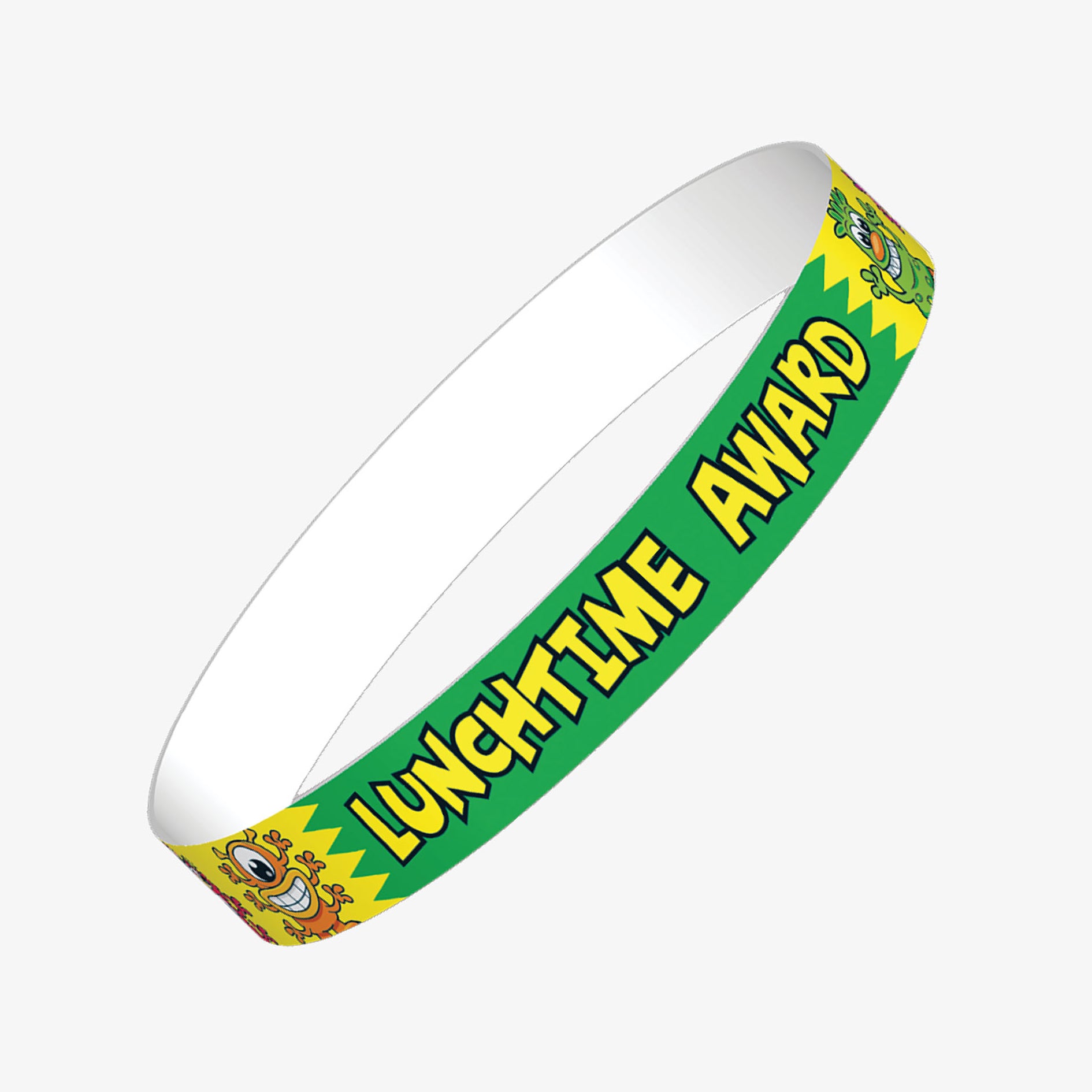 A set of ten green wristbands featuring the phrase 'LUNCHTIME AWARD' in bold yellow text, accompanied by various comical aliens characters