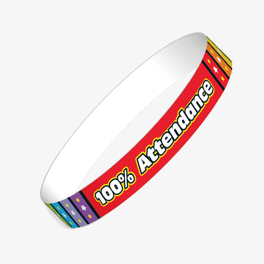 Red wristband with colourful vertical stripes, each containing 3 stars, featuring the phrase '100% Attendance' in bold  white text with a yellow outline; designed as a motivational tool to celebrate full attendance.
