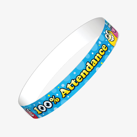 Blue wristbands with colourful smiling faces featuring the phrase '100% Attendance' in bold  yellow text; designed as a motivational tool to celebrate full attendance.
