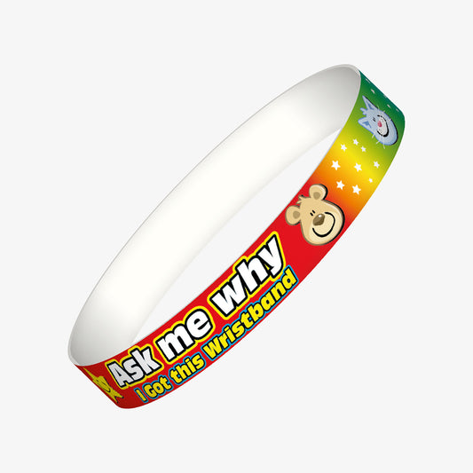 A set of ten colourful, animal-themed wristbands featuring the phrase 'Ask me why I got this wristband' in bold text; designed as a motivational tool to celebrate pupil achievements and encourage positive conversations in educational settings
