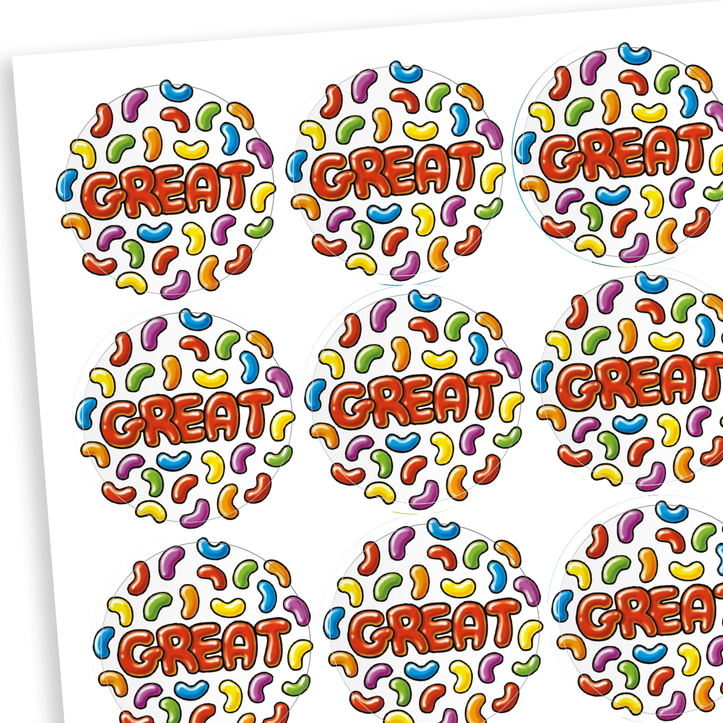 A sheet of 25mm circular stickers with jellybean scent.  Featuring colourful jellybeans surrounding the phrase 'GREAT'. 
