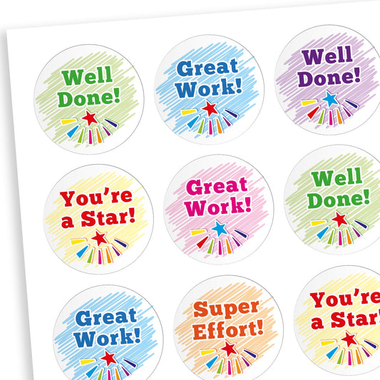 A sheet of 25mm circular stickers with berry scent.  Featuring pastel backgrounds with a start emitting different colours; each contains motivational phrases such as 'Well Done', Great Work' and 'You're a Star'
